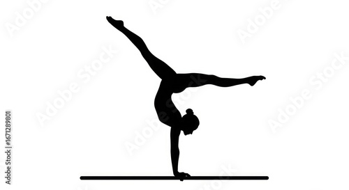 Silhouette of a graceful gymnast performing a one-handed handstand with legs in a split.