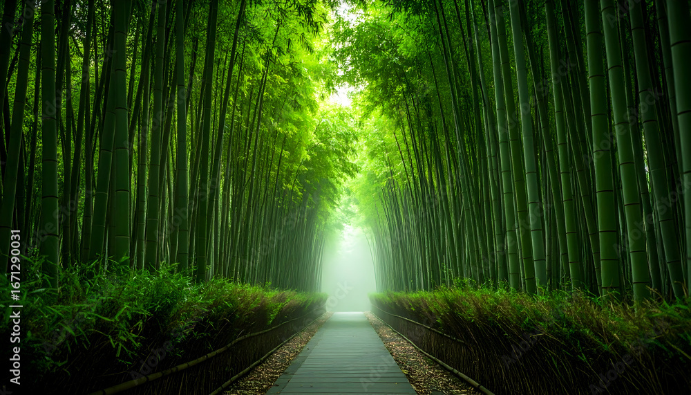 Fototapeta premium Pathway Through Lush Green Bamboo Forest in Soft Light
