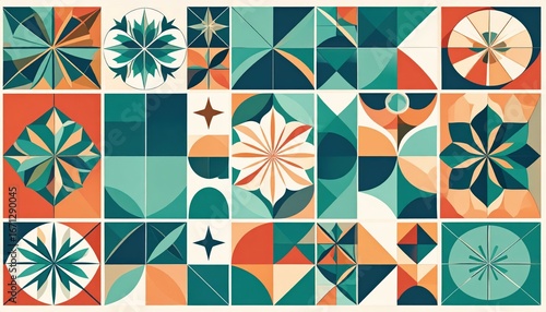 Kaleidoscopic Grid of Floral and Star Geometric Tiles in Teal and Orange.