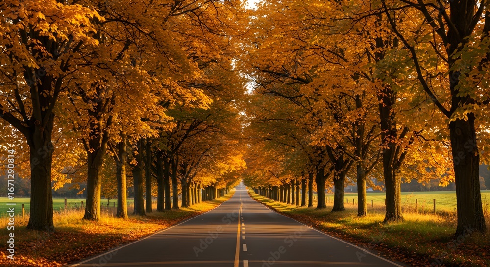 Fototapeta premium Autumn road lined with golden trees