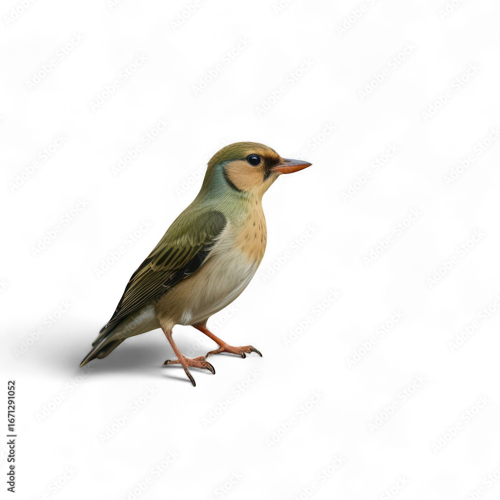 Obraz premium A small bird with green and beige feathers standing against a black background in a studio shot