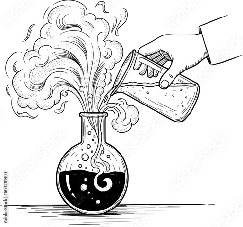 Chemical mixing reaction in beaker with bubbles, with hand-drawn style