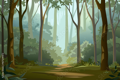 A serene forest landscape with tall trees and a winding dirt path inside