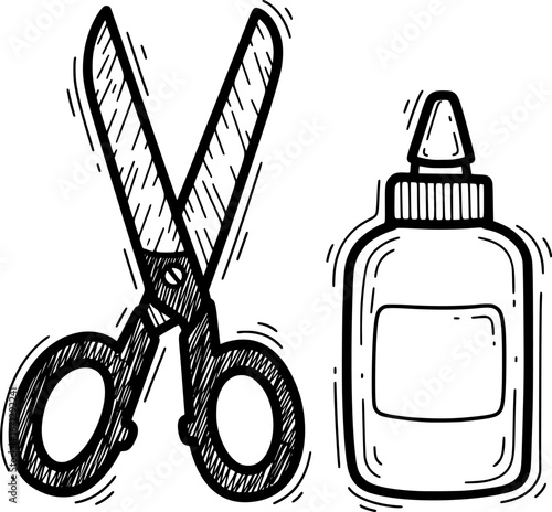Scissors and glue bottle, craft supplies, with hand-drawn style