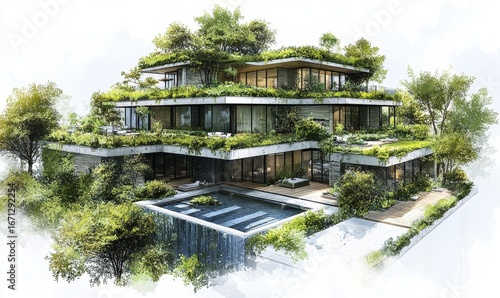 Sketch of a sustainable residential complex with green roofs, vertical gardens, and rainwater harvesting systems, promoting eco-friendly living, Generative AI
