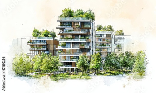 Sketch of a sustainable residential complex with green roofs, vertical gardens, and rainwater harvesting systems, promoting eco-friendly living, Generative AI