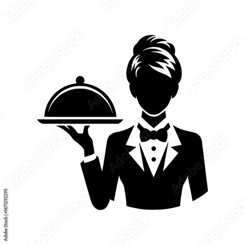 woman waiter holding a tray in formal attire  black vector icon with transparent background 