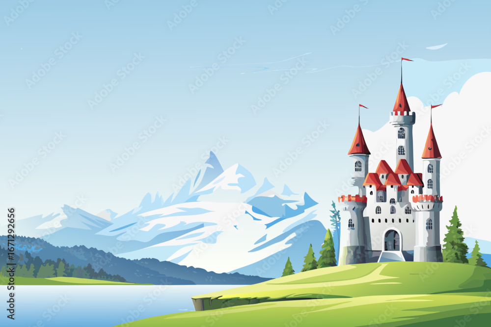 Fototapeta premium A white castle with red roofs and towers on a green hill