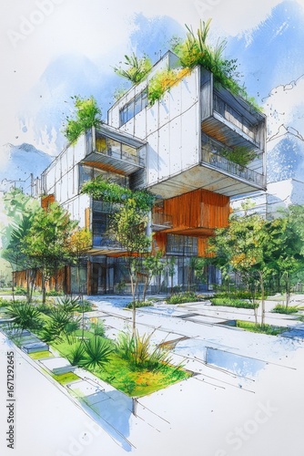 Sketch of isolated green buildings promoting walkability and clean public infrastructure, highlighting sustainable urbanism design with carbon-neutral architecture, Generative AI