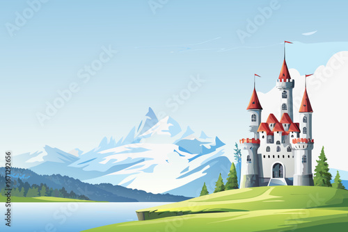 A white castle with red roofs and towers on a green hill