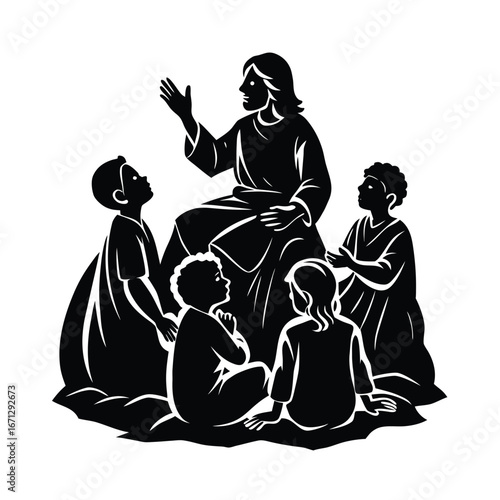 Jesus sitting on a rock with people vector silhouette on white background