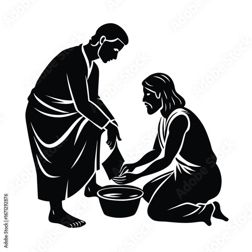 Jesus washing peter feet as symbol of humility vector silhouette on white background