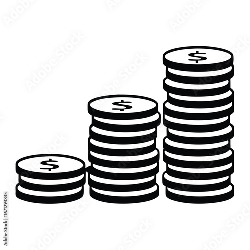 Black coins stacked into three piles show growth and financial success