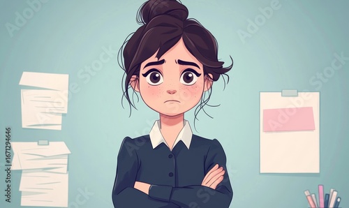 Cartoon-style, laid-off female businessperson with a pink slip concept, depicting the emotional challenges of losing a job due to performance or financial issues, Generative AI