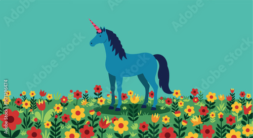 Blue unicorn in flowers