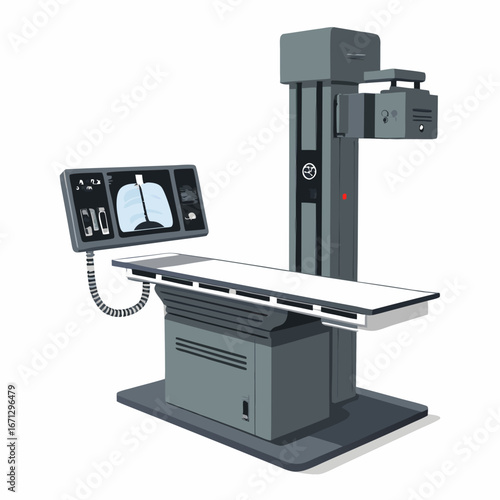 Digital X-ray machine with monitor displaying a chest image on a white background