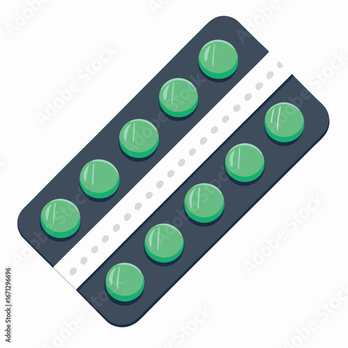 Graphic illustration of a blister pack with green pills on a dark background