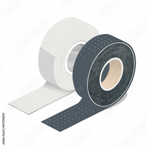 Two rolls of adhesive tapes, one white and one black with dots, on a plain background.