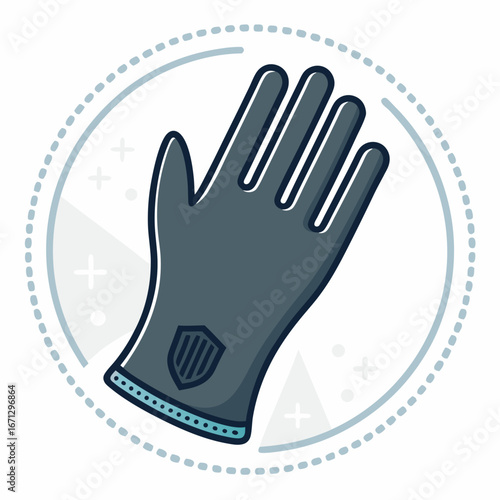Gray protective glove with a shield logo on a white background with a blue circle