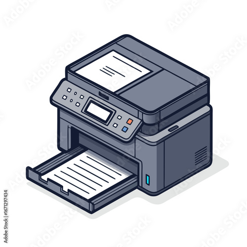 Isometric illustration of a dark gray multifunction printer with an open paper tray on a white background.
