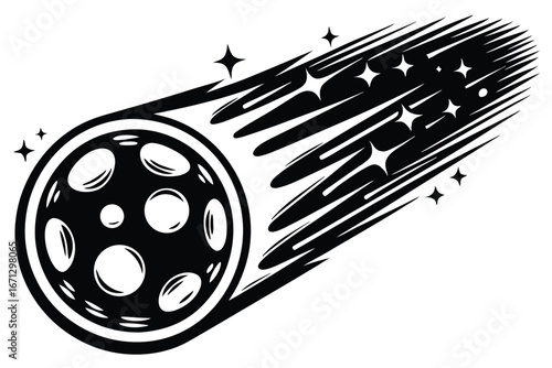 Fast moving golf ball is flying through the air with visible motion blur lines