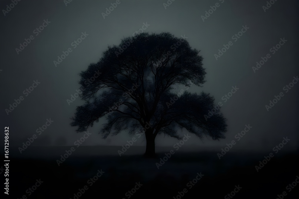 Obraz premium A dark tree stands alone in a foggy night.