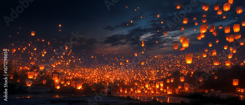Sky lantern festival at dusk with glowing lanterns
