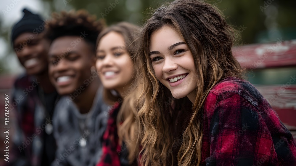 Fototapeta premium A group of diverse teens laughing together at a school bench long title A group of diverse teenagers enjoying a joyful moment of friendship and
