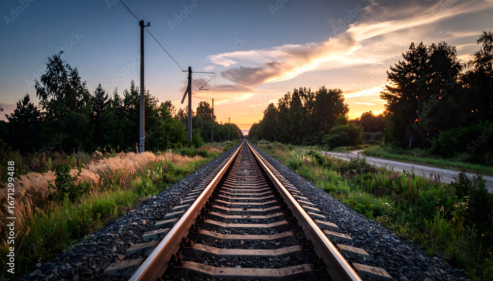 Fototapeta premium Train Tracks Leading to Sunset Landscape