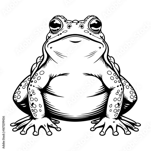 Black and white frog vector drawing, which can be used in retro or classic design projects. It works well for t-shirts, labels, and tattoos.