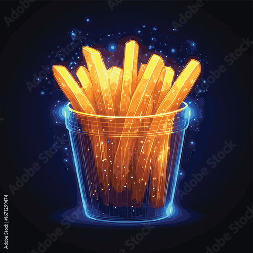 Vector illustration of French fries in a wireframe container with glowing yellow fries and blue digital particles on dark background for fast food concept