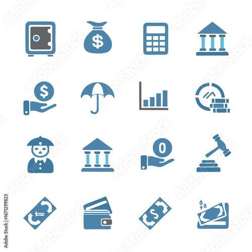 An assortment of financial and economical icons symbolizes diverse investment and banking features in a grid
