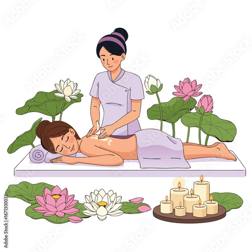 A woman is receiving a back massage in a spa with lotus flowers and candles isolated on white background