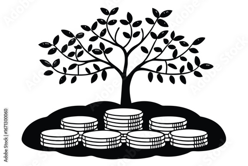 Conceptual illustration of financial growth with a money tree sprouting from a pile of coins symbolizing investment and prosperity