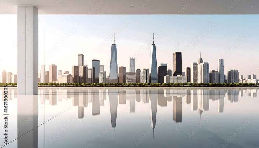 Obraz premium Reflective City Skyline at Sunrise