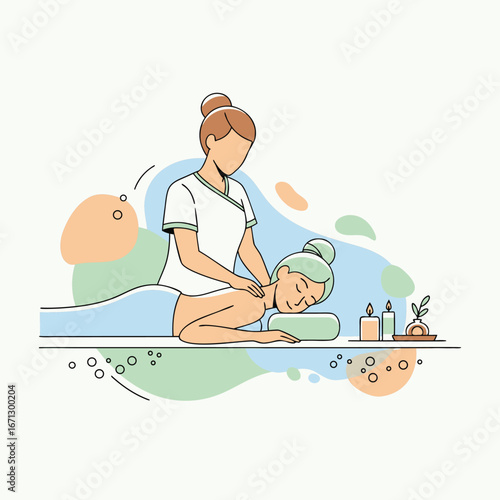 A woman is receiving a back massage in a spa with candles and essential oils isolated on white background