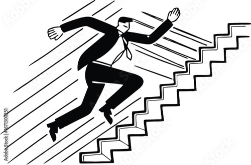 Dynamic silhouette of a businessman ascending stairs for business growth and success