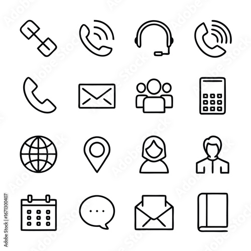 Minimalist black and white line icons depict communication, contact, and office elements clearly