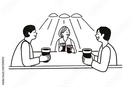 Minimalist flat design of a team chatting at a coffee station with modern office elements and diverse colleagues interacting