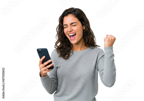 Excited young woman celebrating success while looking at her smartphone, isolated on transparent background
