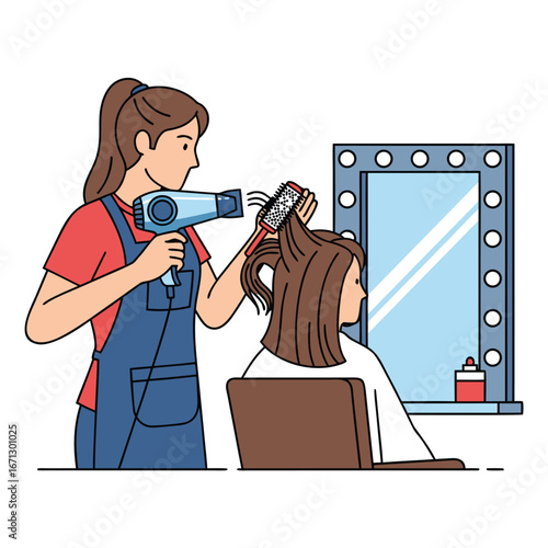 Hairdresser drying clients hair with a blow dryer in a salon isolated on white background