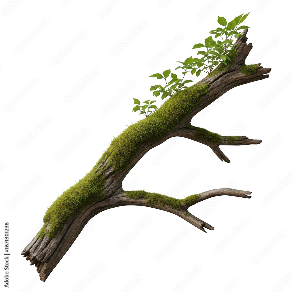 Obraz premium Mossy tree branch isolated on transparent background transparent background