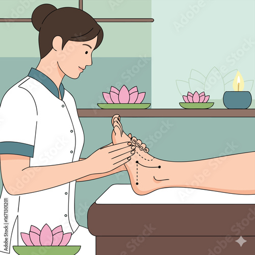 Illustration of a woman receiving foot massage in a spa salon, promoting relaxation and wellness