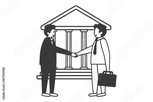 Flat design illustration of a banker and investor shaking hands symbolizing partnership and financial agreement