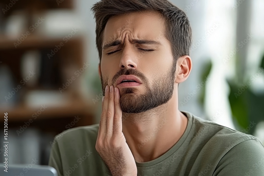 Fototapeta premium Man experiencing throat pain while working on a laptop in an office, symbolizing physical discomfort during work hours, Generative AI