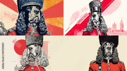 Humorous illustration of dogs dressed as royal guards in detailed uniforms, inspired by vintage pop art style, perfect for posters and designs.
