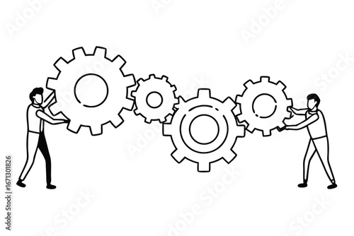 Teamwork and collaboration concept with employees arranging interlocking gears for business growth and innovation