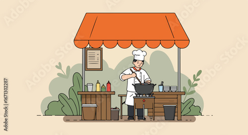 Chef at a food stall, cooking with a menu and condiments