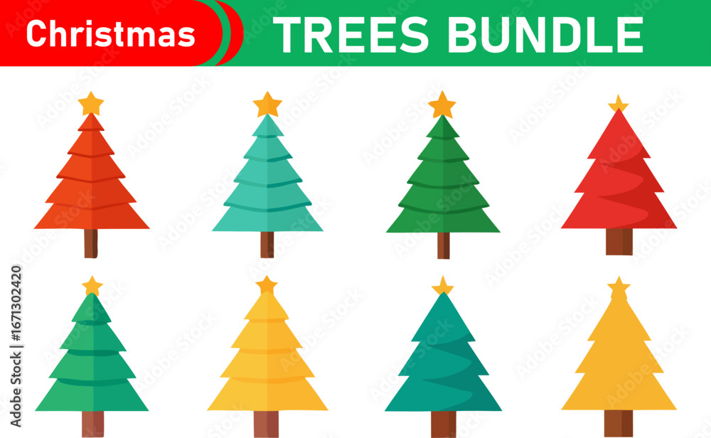 Naklejka premium Eight Colorful Flat Christmas Trees Bundle for Design