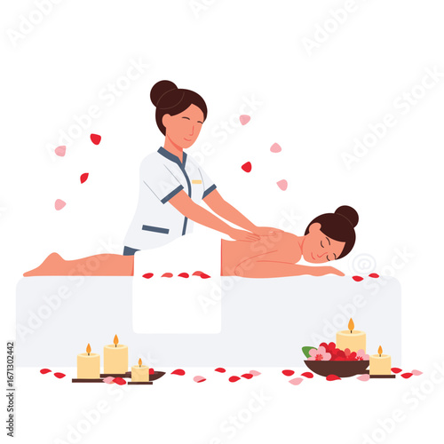 Woman receiving massage therapy at spa salon with rose petals for relaxation and wellness